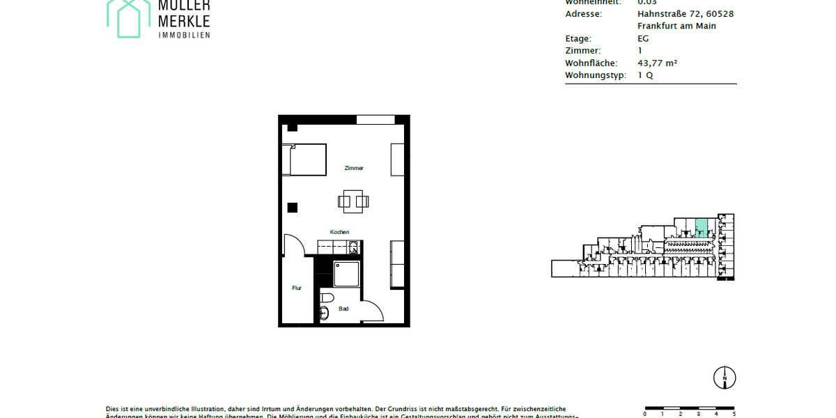 Erdgeschoßwohnung Frankfurt am Main Niederrad - 1 Zimmer, 44 m&sup2;, 760&euro; | Angebot:23181807