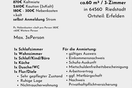 Wohnung Riedstadt - 3 Zimmer, 60 m&sup2;, 870&euro; | Angebot:25371077