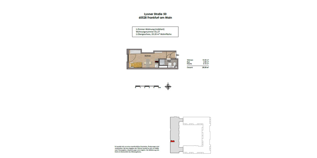 Etagenwohnung Frankfurt am Main Niederrad - 1 Zimmer, 20 m&sup2;, 690&euro; | Angebot:26442077