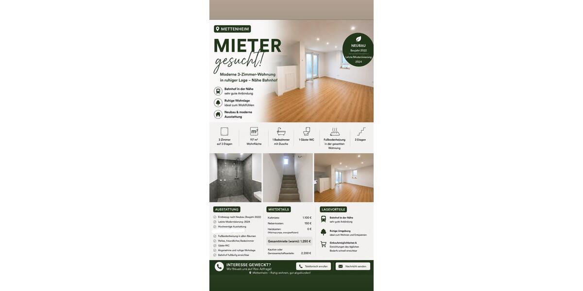 Etagenwohnung Mettenheim - 3 Zimmer, 117 m&sup2;, 1.100&euro; | Angebot:26455592
