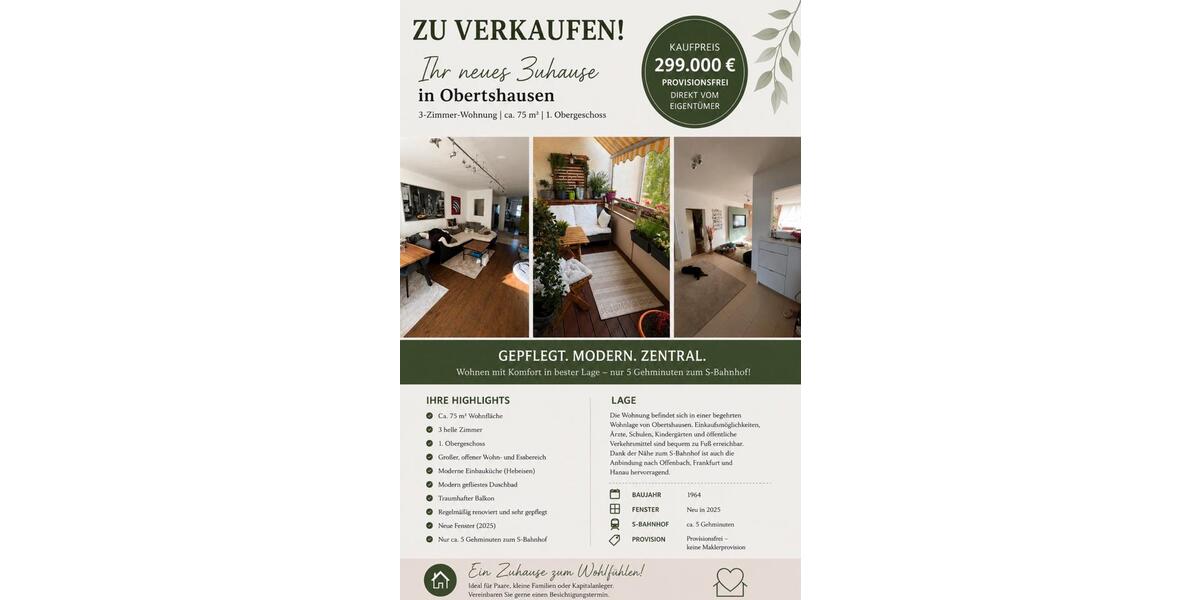 Etagenwohnung Obertshausen - 3 Zimmer, 74 m&sup2;, 299.000&euro; | Angebot:27143219