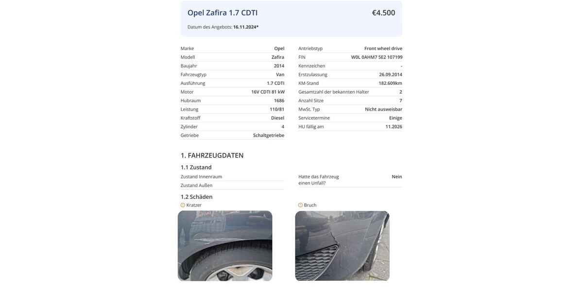 Opel Zafira 182.609 km 4.500 &euro; Rodgau 63110