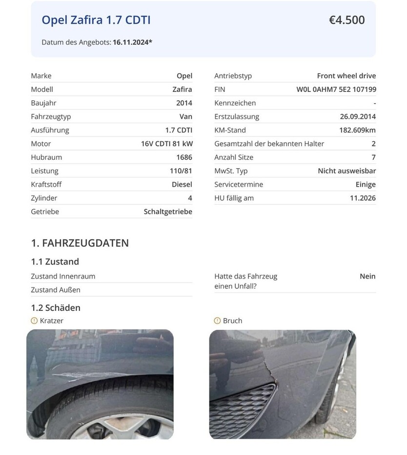 Opel Zafira 182.609 km 4.500 € Rodgau 63110