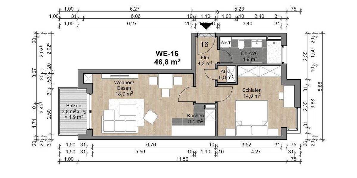 Etagenwohnung Offenbach am Main Bürgel - 2 Zimmer, 46 m&sup2;, 264.960&euro; | Angebot:26891452