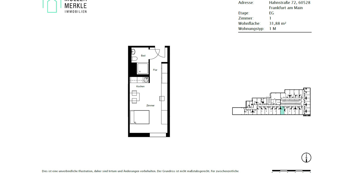 Erdgeschoßwohnung Frankfurt am Main Niederrad - 1 Zimmer, 32 m&sup2;, 750&euro; | Angebot:24812427