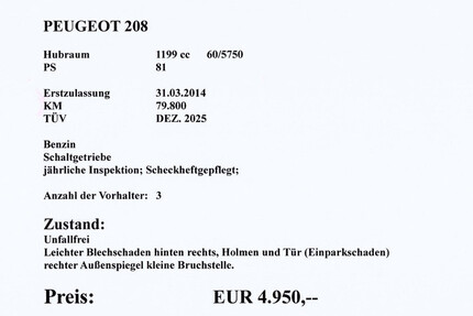 Peugeot 208 79.800 km 4.950 € Neu-Isenburg 63263